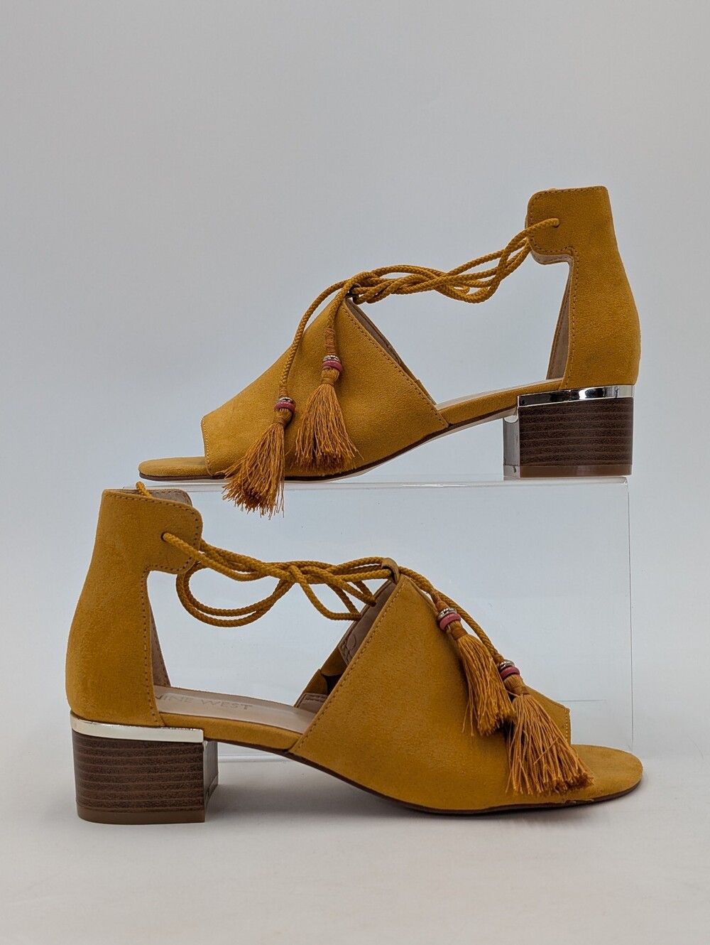Nine West Sz 7M "Youdidto" Mustard Block Wood Heel Pearl Tassel Open Toe Sandals - Picture 8 of 16
